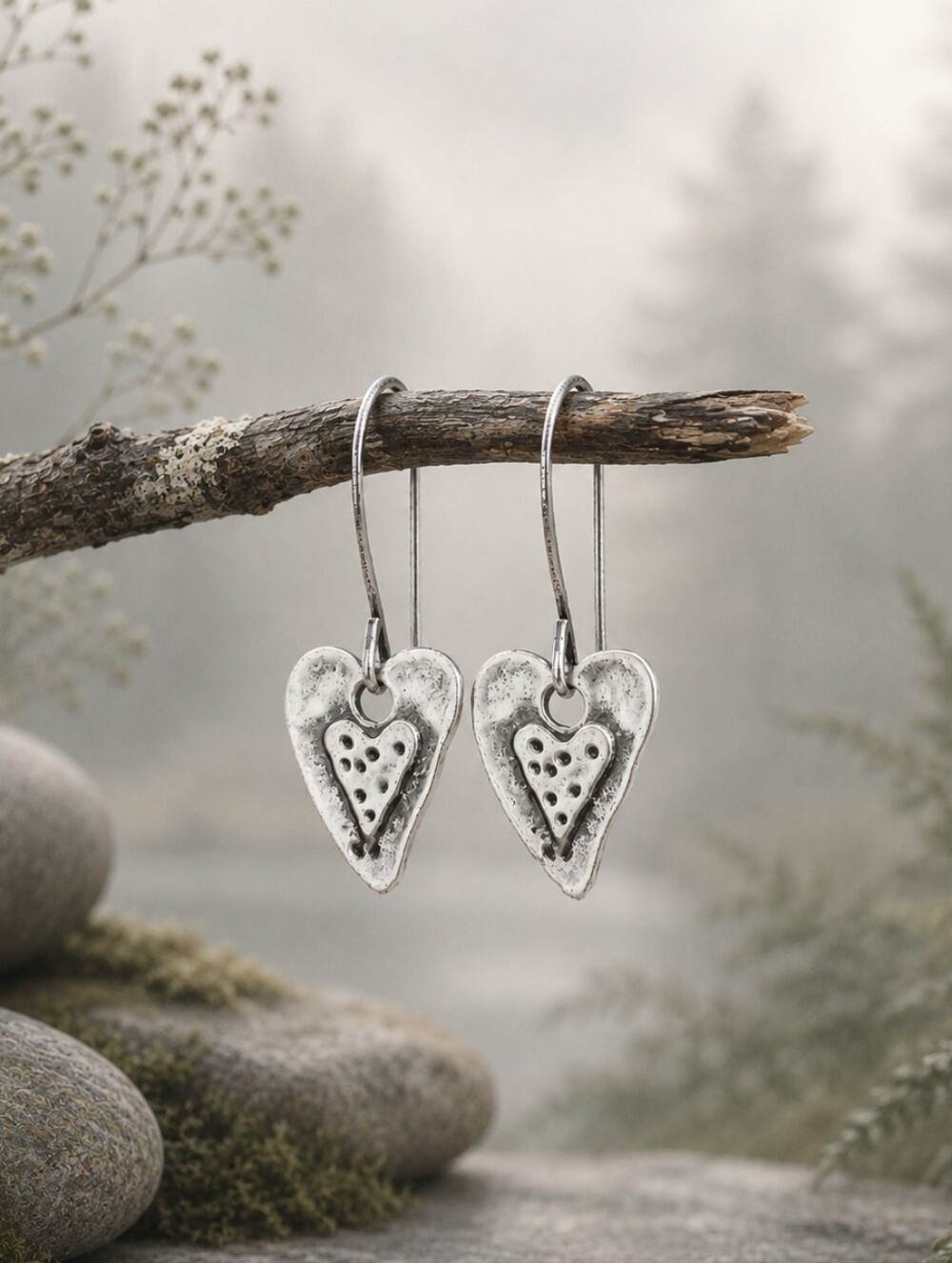 Rustic Silver Heart Earrings Antiqued Textured Minimalist Hand Crafted
